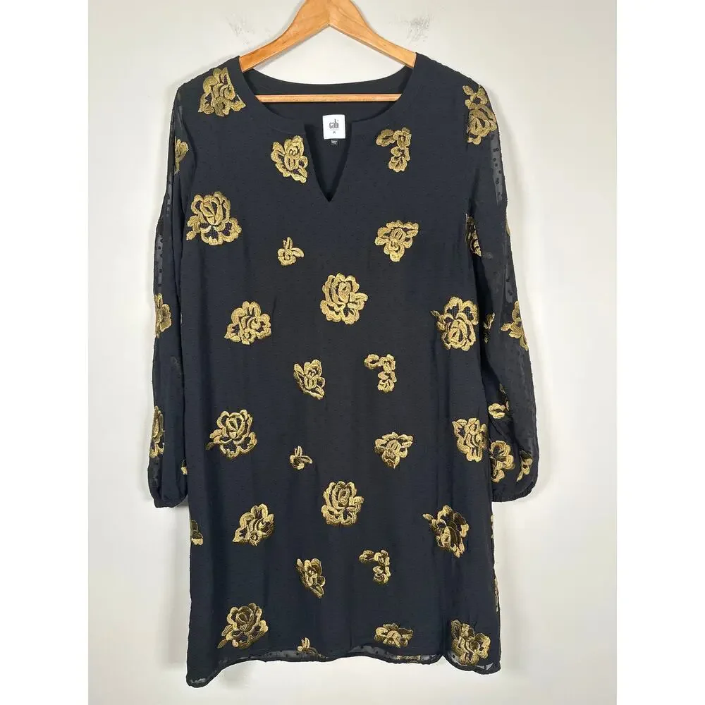 Cabi Occasion Dress Black Swiss Dot Gold Embroidery Long Sleeve Size Medium - Picture 2 of 10
